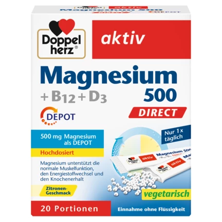 Abbildung der Produktverpackung Doppelherz aktiv Magnesium 500 + B12 + D3 DIRECT DEPOT Frontansicht